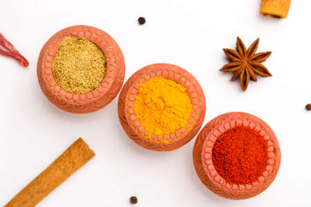 Red chilli powder,turmeric powder and coriander powder in clay bowl with other spices.の写真素材