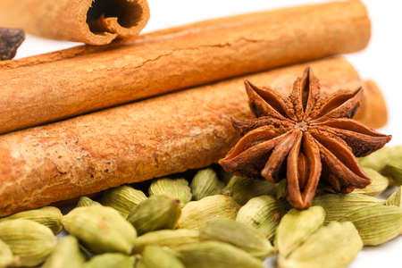 Indian spices and herbs on white background.の写真素材