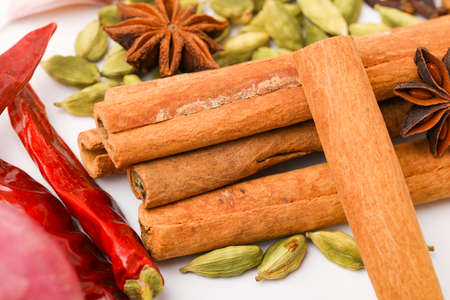 Indian spices and herbs on white background.の写真素材