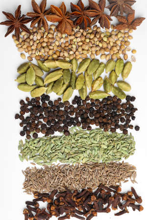 Indian spices and herbs on white background.の写真素材