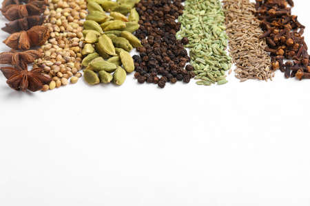 Indian spices and herbs on white background.の写真素材