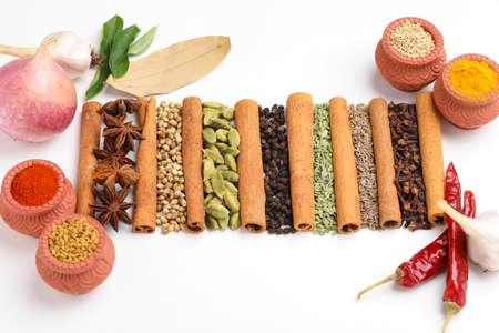 Indian spices and herbs on white background.の写真素材