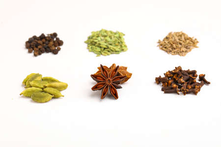 Indian spices and herbs on white background.の写真素材
