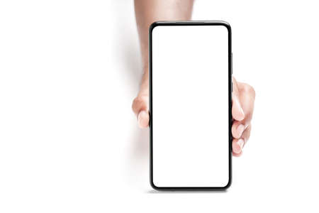 Hand holding a smartphone on a white background.の写真素材