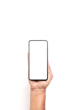 Hand holding a smartphone on a white background.の写真素材