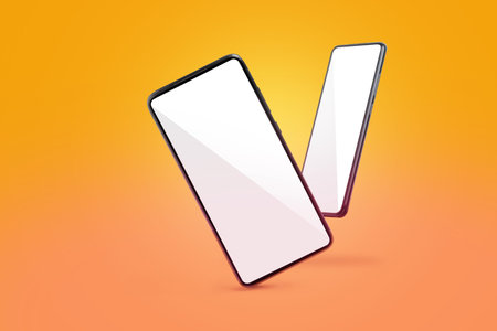 Black mobile smartphone mockup with blank screen isolated on yellow backgroundの写真素材