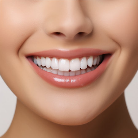 AI genrated Female closeup of smile with white healthy teethの素材