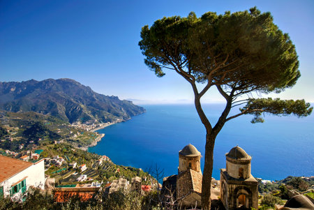 Sea view of the Amalfi coast from the terrace of Villa Rufolo in the city of Ravello, Italy