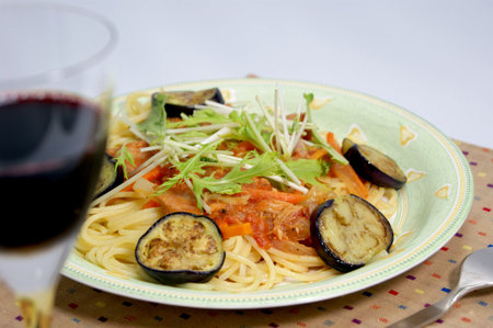 Eggplant tomato sauce pastaの写真素材