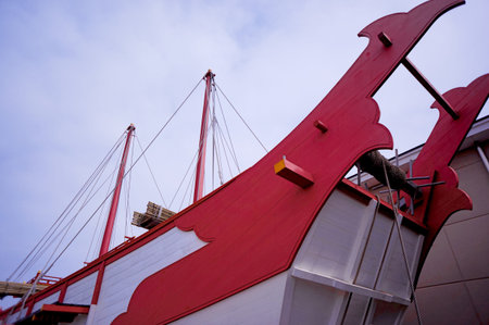 Ancient ship of orange-red and whiteの写真素材