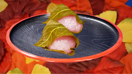 Sakura mochi wrapped in Japanese cherry blossomsの写真素材