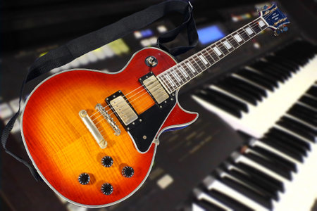 Wood-grained electric guitarの写真素材