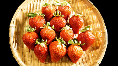 Strawberries on bamboo sieve. Isolated on black backgroundの写真素材