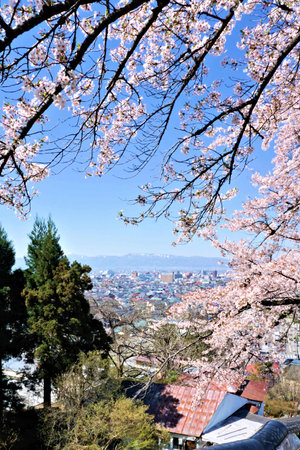 View of Aizu city from Mt. Iimoriの写真素材