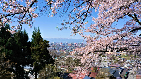 View of Aizu city from Mt. Iimoriの写真素材
