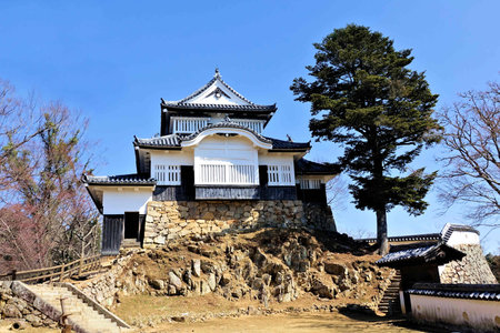 The castle tower from the Ninomaru section of Bitchu Matsuyama Castleの写真素材