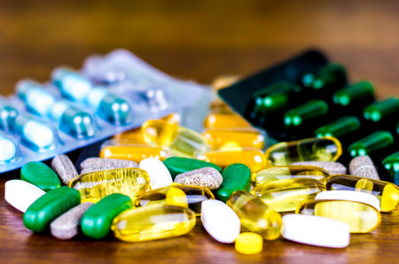 Drug prescription for treatment medication. Pharmaceutical medicament, cure in container for health....