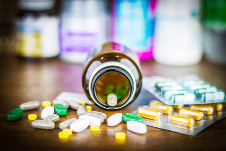 Drug prescription for treatment medication. Pharmaceutical medicament, cure in container for health....