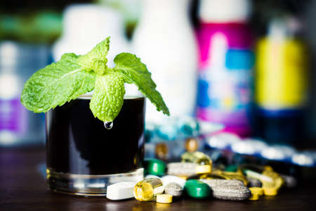 Drug prescription for treatment medication. Pharmaceutical medicament, cure in container for health. Pharmacy theme, capsule pills with medicine antibiotic in packages.の写真素材