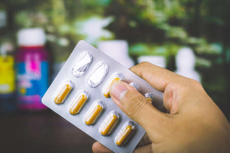 Drug prescription for treatment medication. Pharmaceutical medicament, cure in container for health. Pharmacy theme, capsule pills with medicine antibiotic in packages.のeditorial素材