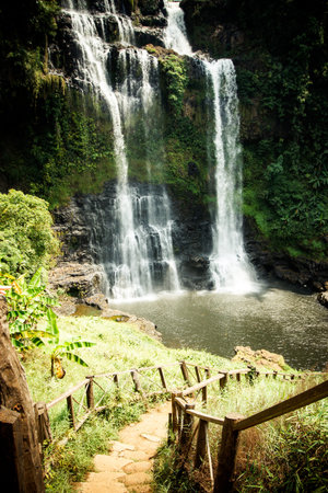 Beautiful view of waterfall landscape. Small waterfall in deep green forest sceneryの写真素材