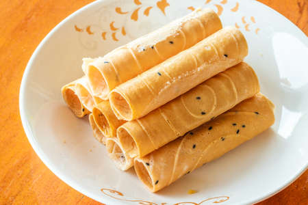 Tong Muan, a type of rolled wafer, a traditional dessert in Thailandの写真素材