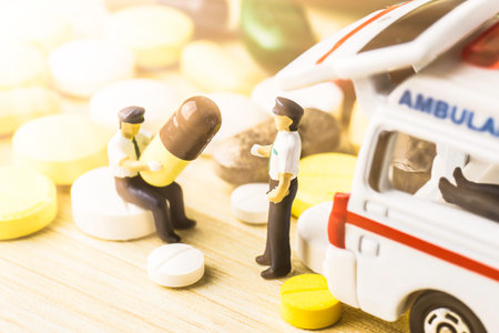 Drug prescription for treatment medication. Pharmaceutical medicament, cure in container for health. Pharmacy theme, capsule pills with medicine antibiotic in packages.closeup,Medicine or capsules.の写真素材