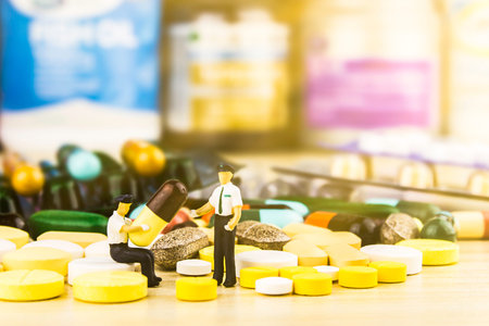 Drug prescription for treatment medication. Pharmaceutical medicament, cure in container for health....