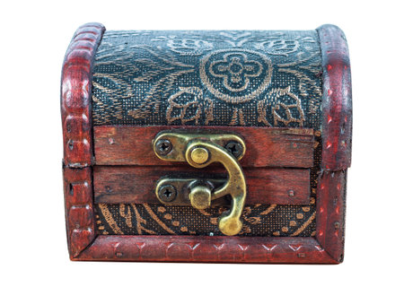 Old wooden chest with golden coins isolated on white backgroundの写真素材