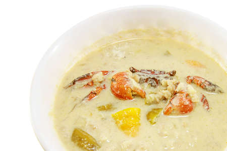 Thai traditional cuisine Fried fish and Spicy Chili Paste (Thai name is Nam Prik) serve with vegetables  isolated on white background, asian eating food, Thai food, close upの写真素材