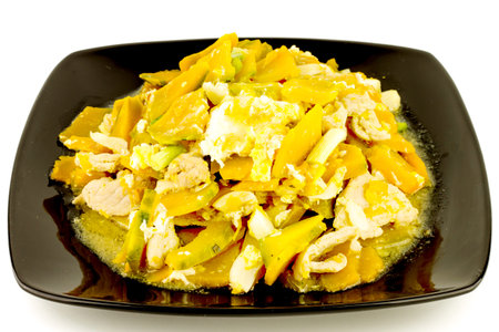 Stir Fried Pumpkin with Egg on white background ,Thai style food,healthy foodの写真素材