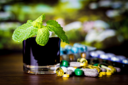 Drug prescription for treatment medication. Pharmaceutical medicament, cure in container for health. Pharmacy theme, capsule pills with medicine antibiotic in packages.の写真素材