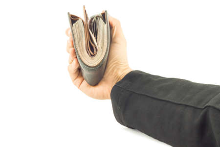 Businessman hand holding money and Man holding a wallet isolated on white background with clipping path.の写真素材