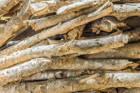 Natural wooden background - closeup pile of firewood. Preparation of firewood for the winter and use...