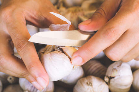 Garlic.Woman hands peeling garlic preparation for cooking in the kitchen on fresh garlic Background の写真素材