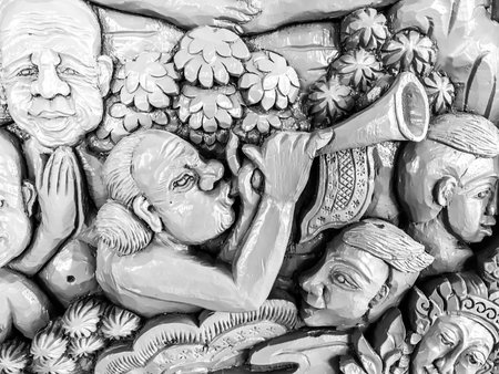 Pattern art processing of sculpture image carvings on wood background. Thai style carved wooden door detail, Close up,black and whiteの写真素材