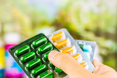 Drug prescription for treatment medication. Pharmaceutical medicament, cure in container for health....