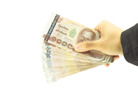 Businessman hand holding money and Man holding a wallet isolated on white background with clipping path.の写真素材