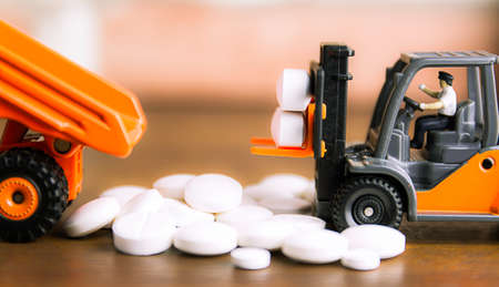 Drug prescription for treatment medication. Pharmaceutical medicament, cure in container for health.の写真素材
