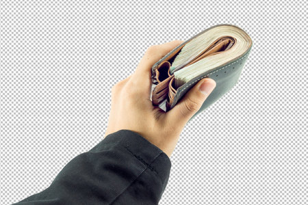 Businessman hand holding money and Man holding a wallet isolated on white background