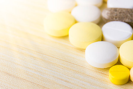Drug prescription for treatment medication. Pharmaceutical medicament, cure in container for health. Pharmacy theme, capsule pills with medicine antibiotic in packages.closeup,Medicine or capsules.の写真素材