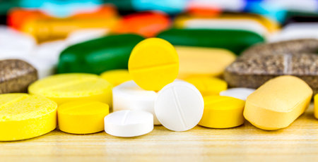 Drug prescription for treatment medication. Pharmaceutical medicament, cure in container for health. Pharmacy theme, capsule pills with medicine antibiotic in packages.closeup,Medicine or capsules.の写真素材