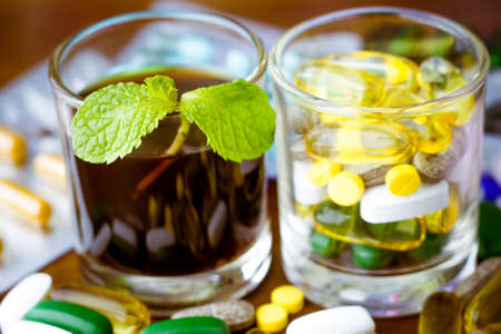 Drug prescription for treatment medication. Pharmaceutical medicament, cure in container for health. Pharmacy theme, capsule pills with medicine antibiotic in packages.の写真素材