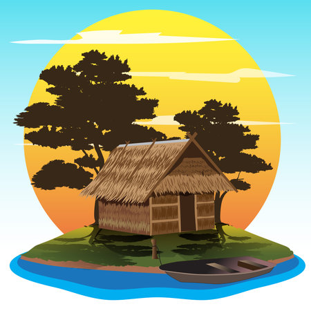 Vector illustration of a hut on an island surrounded by water in the evening.のイラスト素材