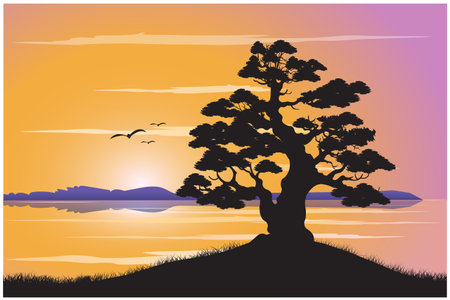 Beautiful lake view silhouette vector illustration.のイラスト素材