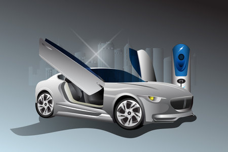 Vector illustration of future cars filling up with electric power.のイラスト素材