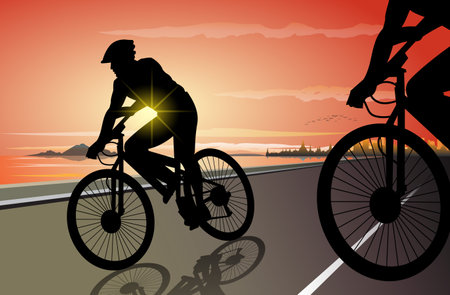 Silhouette vector illustration riding an evening exercise bike.のイラスト素材
