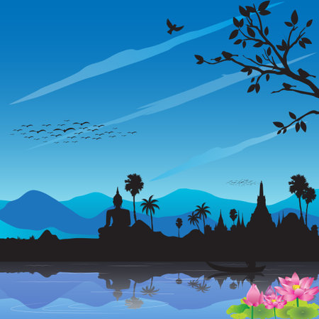 Vector silhouette of a rural atmosphere at night.のイラスト素材