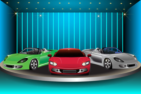 Vector illustration of a showroom selling a supercar.のイラスト素材