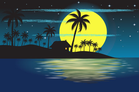 Vector silhouette of a night view of the sea at full moon.のイラスト素材